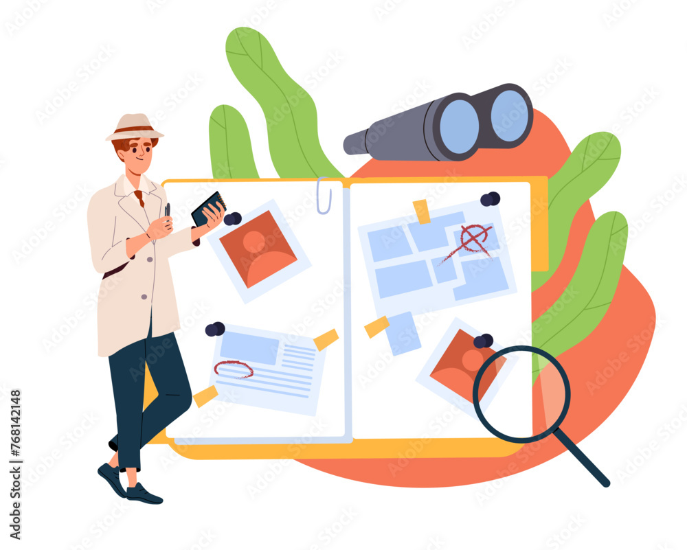 Detective examines evidence concept. Man with magnifying glass and ...