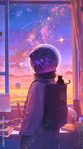 A stronaut A and his cat sat in front of the window, looking at the stars. AI generated
 photo