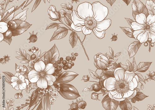 Boutonniere of wild rose flowers and berries Seamless pattern, background. Outline hand drawing vector illustration. In botanical style