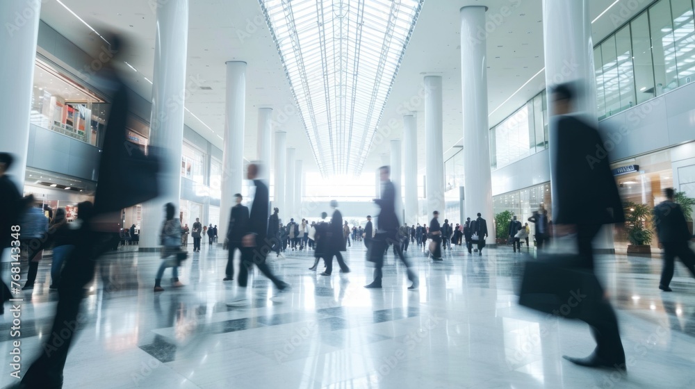 Blurred People walking in modern hall ,Trade fair visitors ,