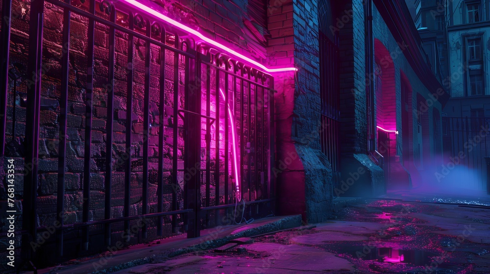 Wall of an old building with gates and neon lights on a street of futuristic city. 3D illustration. Beautiful night scene in a cyberpunk style. Gloomy urban landscape Wall of an old building with gates and neon lights on a street of futuristic city. 3D illustration. Beautiful night scene in a cyberpunk style. Gloomy urban landscape