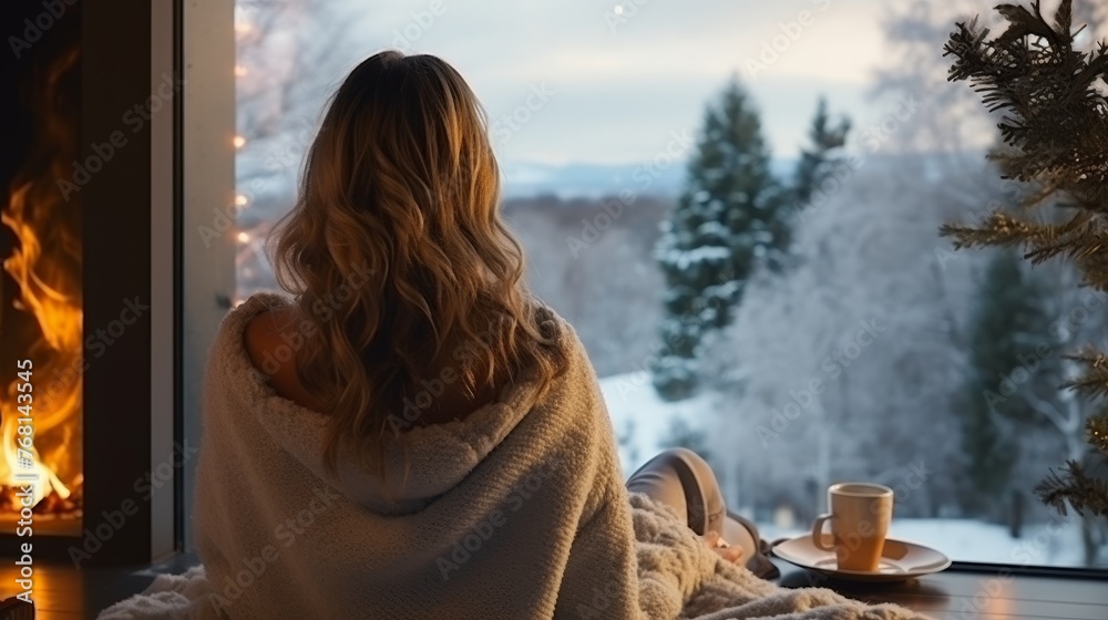 Woman is relaxing by the fire with a cup of coffee