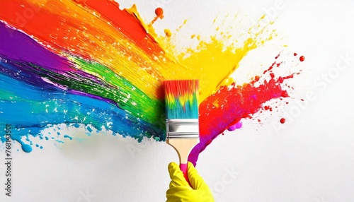Hand with glove holding paint brush with rainbow color paint splash on white wall background. Renovation, home improvement, diy concept photo