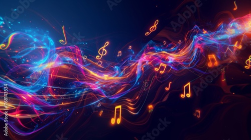 3D music space, neon lights and musical notes, spirally  musical background.
