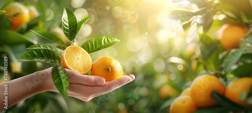 Hand holding fresh organic orange and apple selection on blurred background with copy space