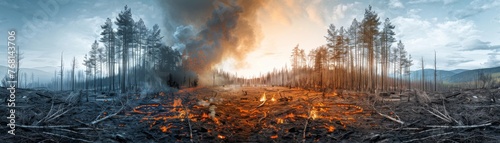 Panoramic View of Forest Fire and Regrowth