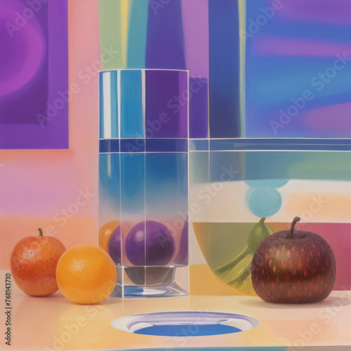 vibrant collection of fruits in patterned bowls, artistically arranged on a reflective surface