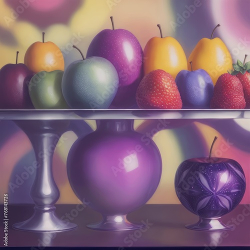 vibrant collection of fruits in patterned bowls, artistically arranged on a reflective surface