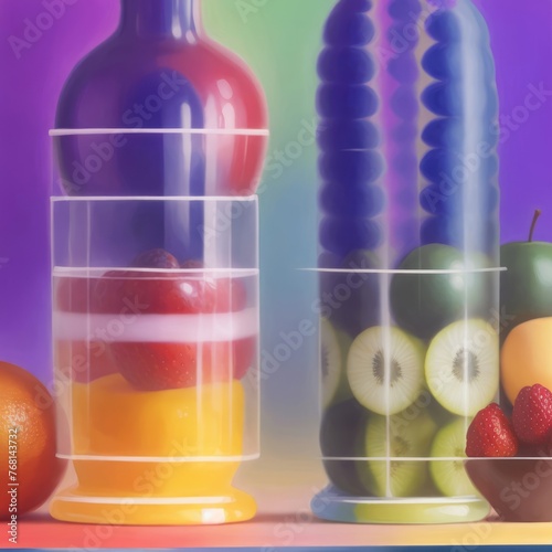 vibrant collection of fruits in patterned bowls, artistically arranged on a reflective surface still life