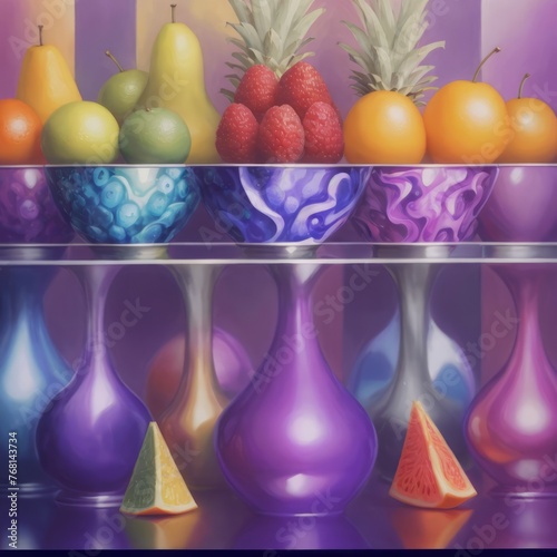 vibrant collection of fruits in patterned bowls, artistically arranged on a reflective surface still lfe