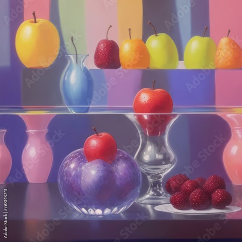 vibrant collection of fruits in patterned bowls, artistically arranged on a reflective surface