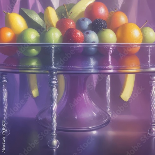 vibrant collection of fruits in patterned bowls, artistically arranged on a reflective surface