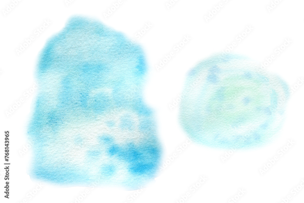 Hand-painted blue and turquoise watercolor spots, dies, and fills for the background and text. Template. Hand-painted blue and turquoise watercolor spots, dies, and fills for the background and text. Template.