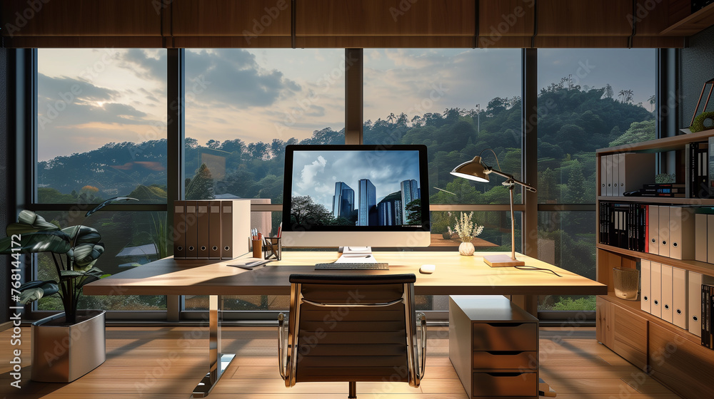 Modern home office interior with a computer on a desk, panoramic window, and breathtaking natural scenery. A perfect remote work environment combining comfort with functionality. - obrazy, fototapety, plakaty 