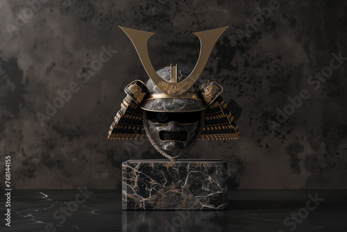 A samurai helmet sculpture on wooden base, simple background, blender rendering, 3d render, octane render, high resolution photography, insanely detailed, fine details, isolated white background, stoc