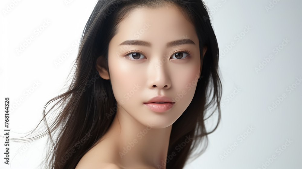 Beautiful young Asian woman with clear skin on white background. Skin care. Beautiful young Asian woman with clear skin on white background. Skin care.