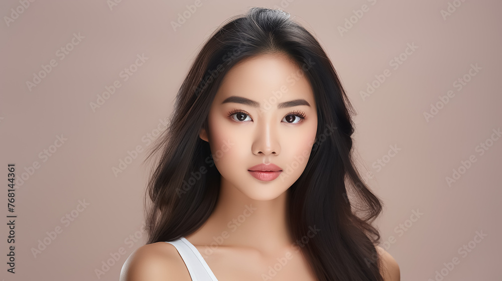 Beautiful young Asian woman with clear skin on white background. Skin care. Beautiful young Asian woman with clear skin on white background. Skin care.