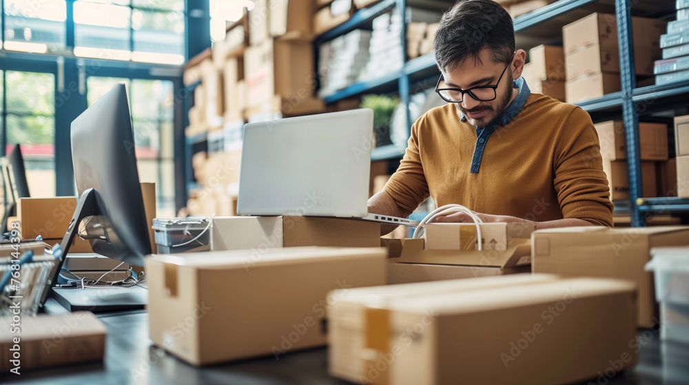 Focused young man checks and packages orders in a startup warehouse, demonstrating small business operations and e-commerce entrepreneurship. Focused young man checks and packages orders in a startup warehouse, demonstrating small business operations and e-commerce entrepreneurship.