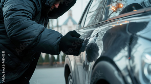 A covert shot of a man dressed in black, using a screwdriver to break into a parked car, conveying a sense of urgency and illegality.