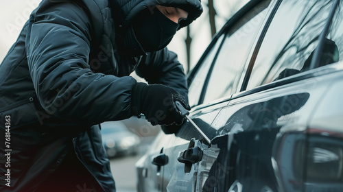 A man dressed in a black jacket and gloves uses a screwdriver to illegally break into a car. photo
