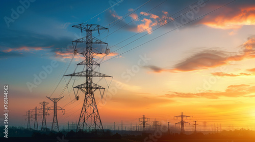 The silhouette of high-voltage electric towers stands out against a vibrant sunset sky, depicting energy and technology.