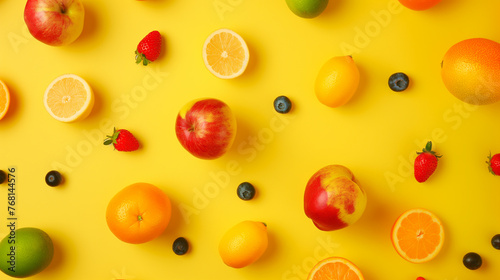 Frutas visto de cima isolado no fundo amarelo