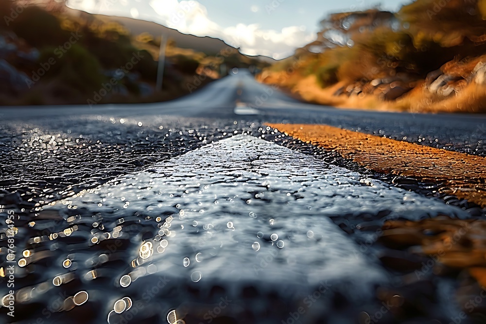 An asphalt road with a painted white arrow pointing ahead in the ...