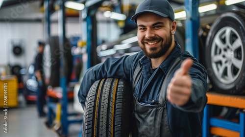 Confident young mechanic showing thumbs up while holding a car tire in a modern automotive workshop, expressing job satisfaction.