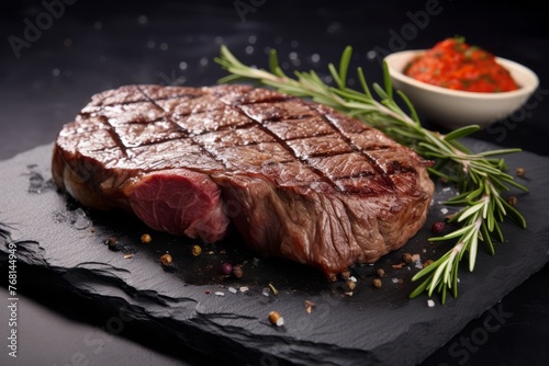 Tasty medium rare ribeye steak on a slate plate against a white ceramic background