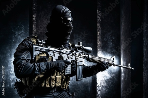 A man in a black uniform is holding a rifle photo