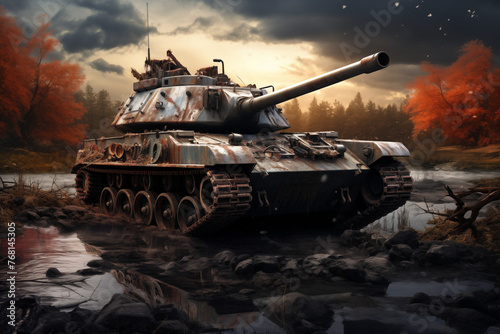 Tank on a battlefield. World War II. Third World War. War between countries. Turf war. Land Force. Army battalion. Military service. Enlistment in the army. Recruitment in the army.