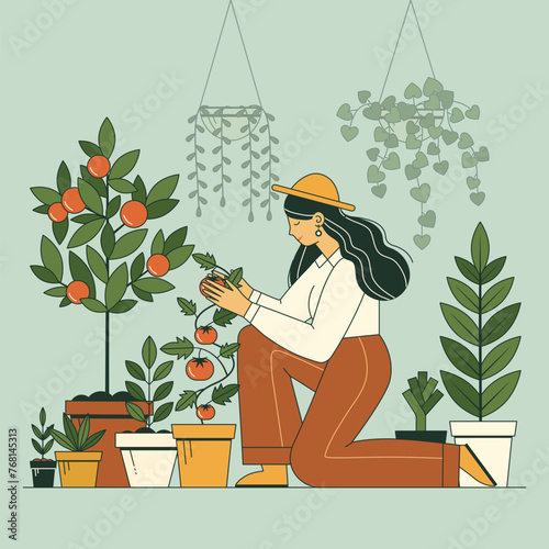 Gardener Woman Planting Tomatoes and Fruits