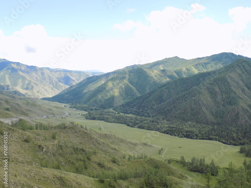 wonderful spring landscape in the mountains. It's a sunny day.grassy fields and hills. rural landscape