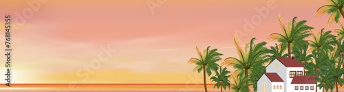 Yellow Sunset Sky with Coconut palm trees,House by the sea beach in evening,Sunrise cloud Orange in morning Summer,Vector sunny Autumn,Nature landscape Winter sunlight,Horizon Spring sundown