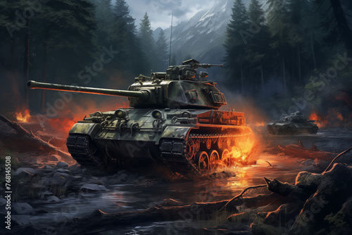 Tank on a battlefield. World War II. Third World War. War between countries. Turf war. Land Force. Army battalion. Military service. Enlistment in the army. Recruitment in the army.