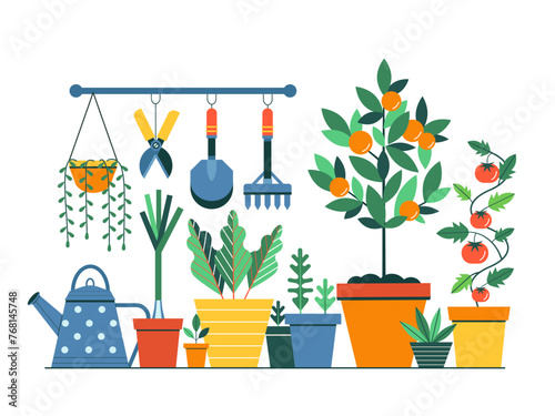 Gardening Composition with Vegetable Plants and Gardening Tools
