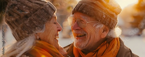 Golden Sunset Moment: A Joyful Pair of Seniors Basking in the Warmth of a Vibrant Evening