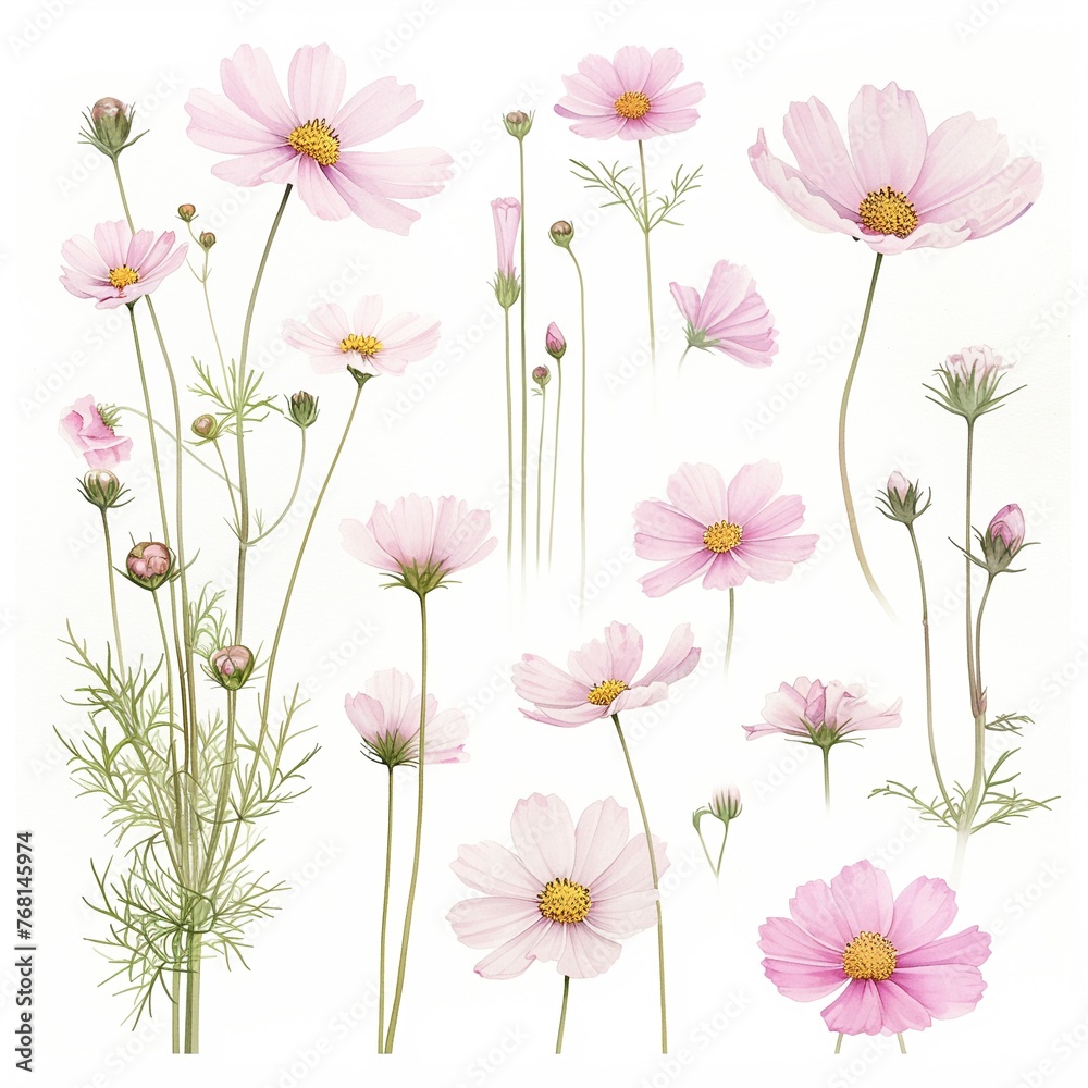 Watercolor cosmos clipart with delicate pink and white flowers