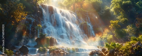 Vibrant Life Force: Sunlit Waterfall in Lush Forest Emitting Rainbow Mist © Thanaphon