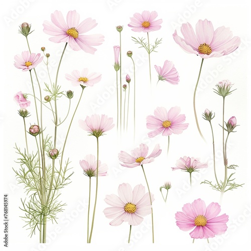 Watercolor cosmos clipart with delicate pink and white flowers