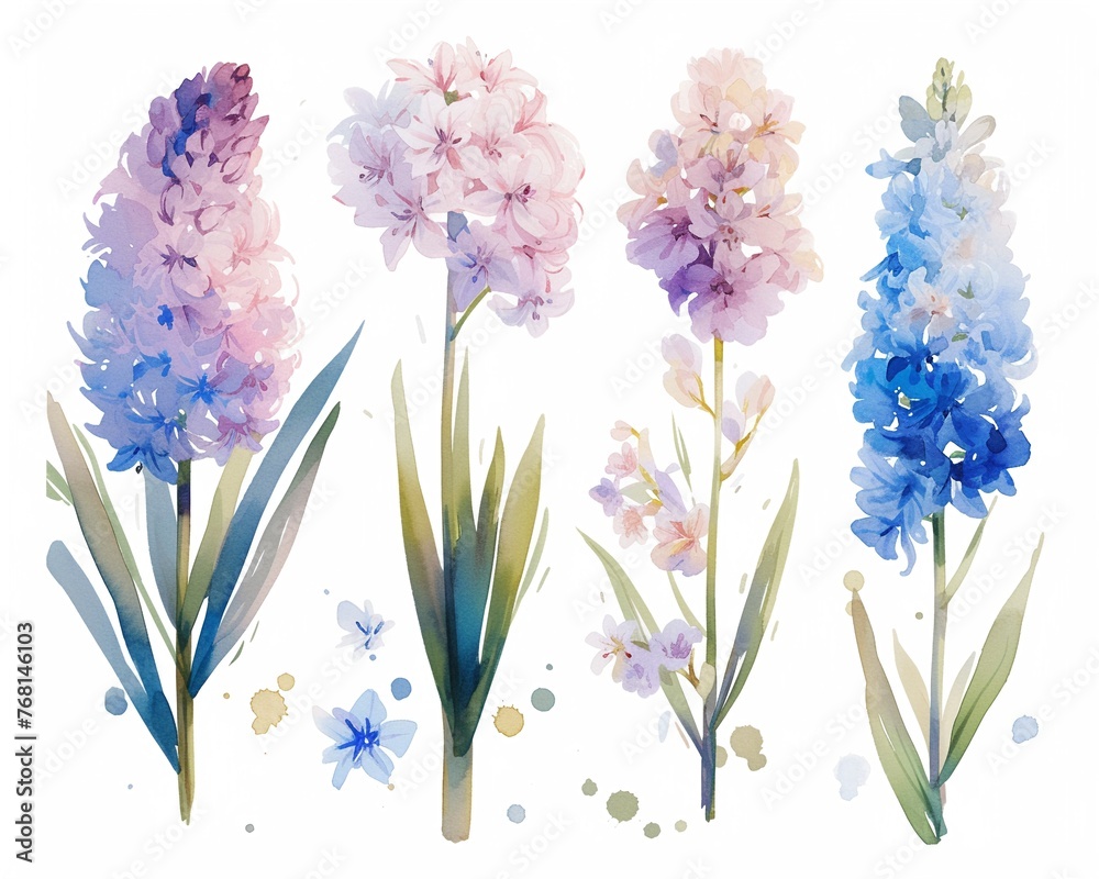 Fototapeta premium Watercolor hyacinth clipart featuring fragrant blooms in shades of purple and blue