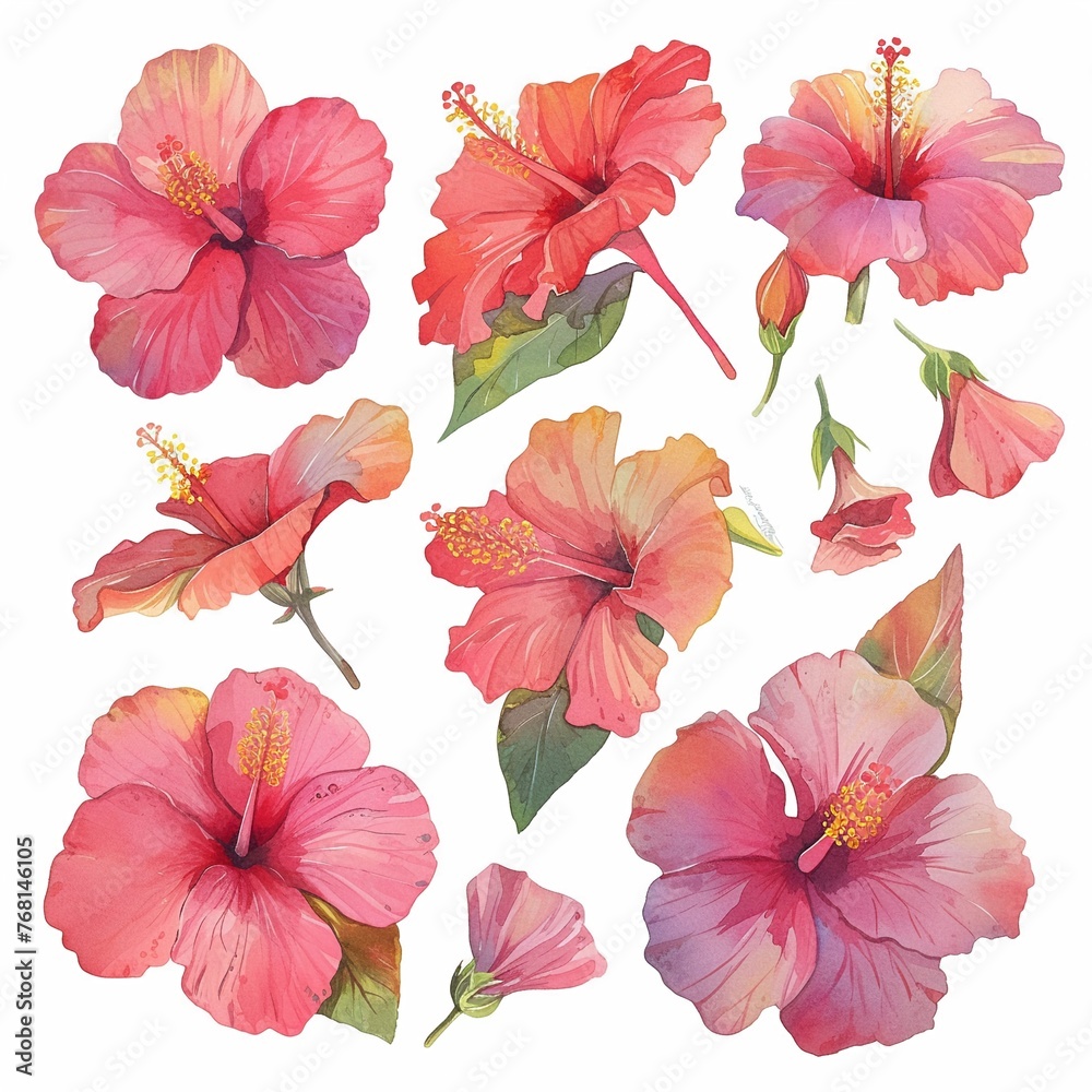 Watercolor hibiscus clipart with tropical blooms in shades of red and pink Watercolor hibiscus clipart with tropical blooms in shades of red and pink