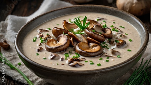 A creamy, velvety mushroom soup, with a base of pureed cremini mushrooms and a touch of cream, topped with crispy fried shallots and a sprinkle of chips, food.