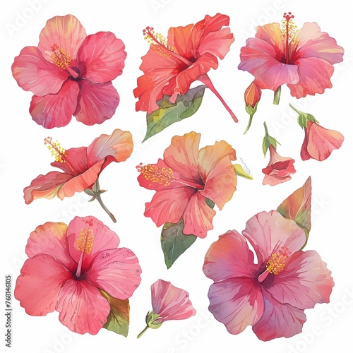 Watercolor hibiscus clipart with tropical blooms in shades of red and pink