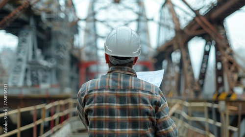 Worker in hardhat inspecting bridge blueprints at construction site