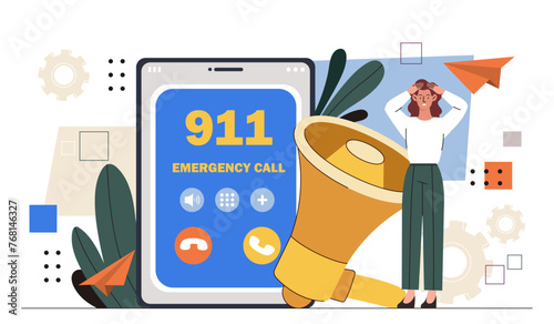 Emergency call concept. Woman stands near smartphone and loudspeaker. Young girl call 911. Support, assistant and rescue. Cartoon flat vector illustration isolated on white background