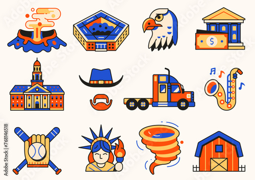 USA Icons and Design Elements in Line Art
