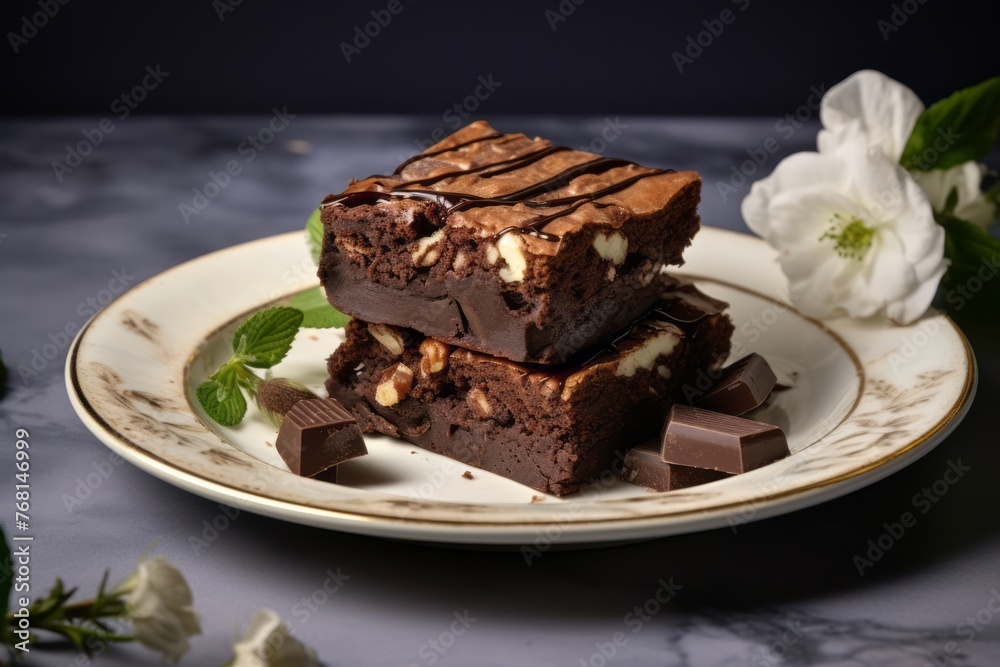 Delicious brownie on a porcelain platter against a white ceramic background Delicious brownie on a porcelain platter against a white ceramic background