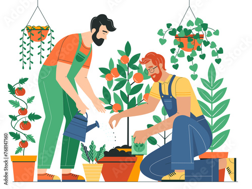 Gay Couple Planting and Watering Vegetable Plants