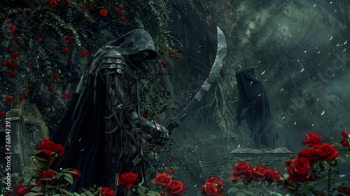 Knight with skull face with a scythe in armor at grave with red roses. Fantasy concept. photo